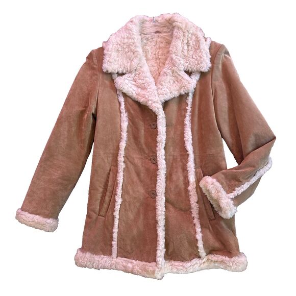 Wilsons Leather Maxima Suede Sherpa Coat Womens Sz M VTG Tan Penny Lane Jacket - Picture 2 of 16